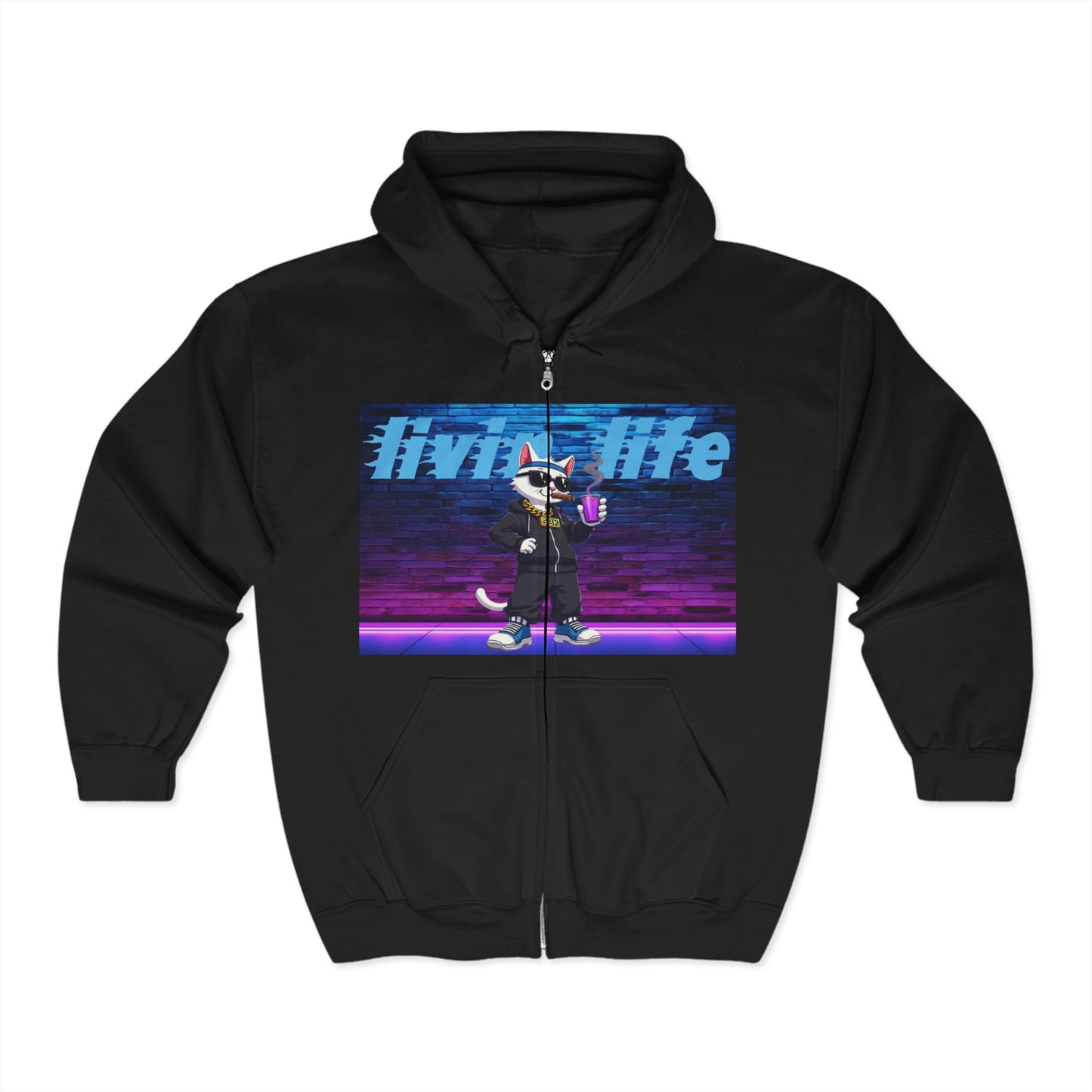 Street Style Wolf 'Livin' Life' Retro Graphic Design-Unisex Full Zip Hoodie